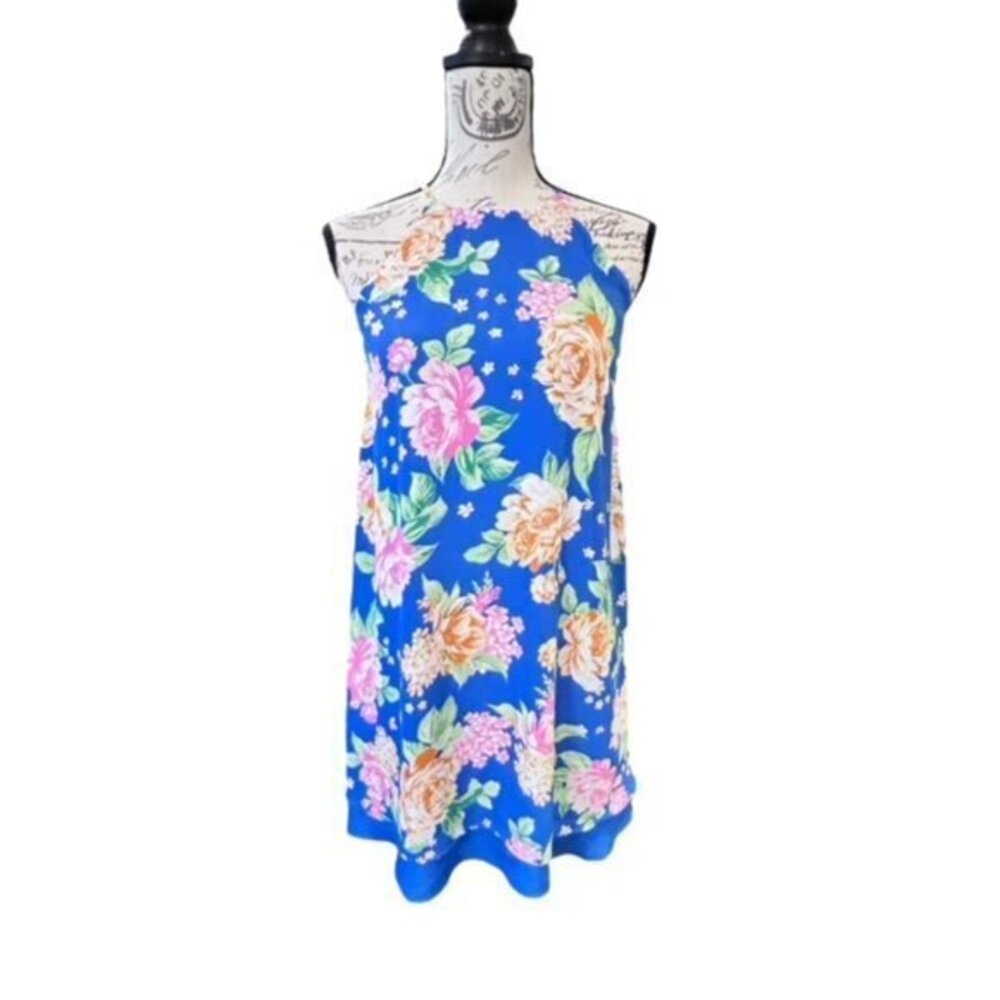Pink Rose Floral Mini Dress High Neck A-line Blue Sleeveless Lined Small NWT